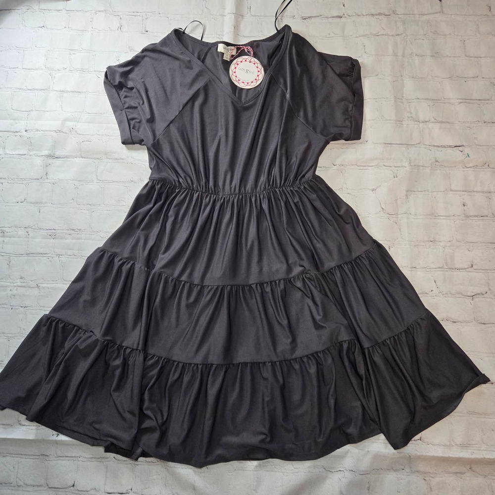 Umgee Women Gray Tiered Babydoll Mini Dress V-Neck Short Sleeve NWT size Small